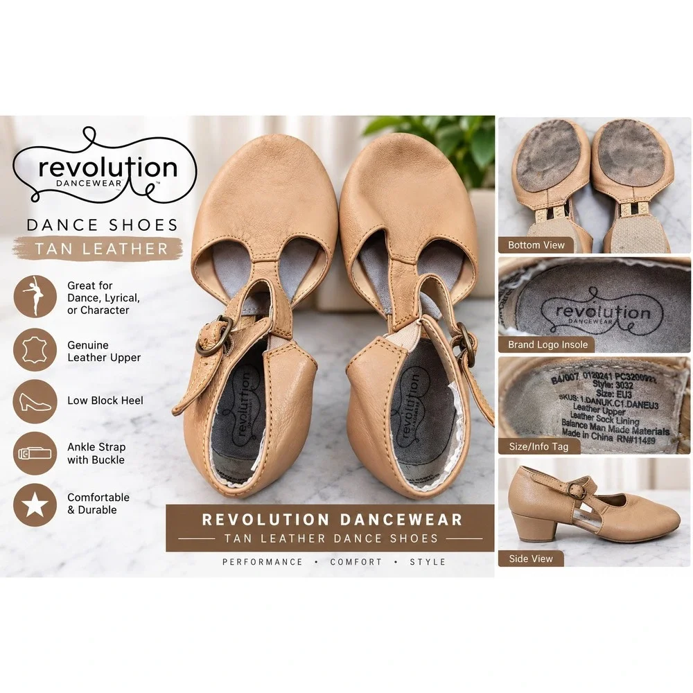 Revolution Dancewear Tan Leather T-Strap Character Dance Shoes Style 3032 Sz 1M